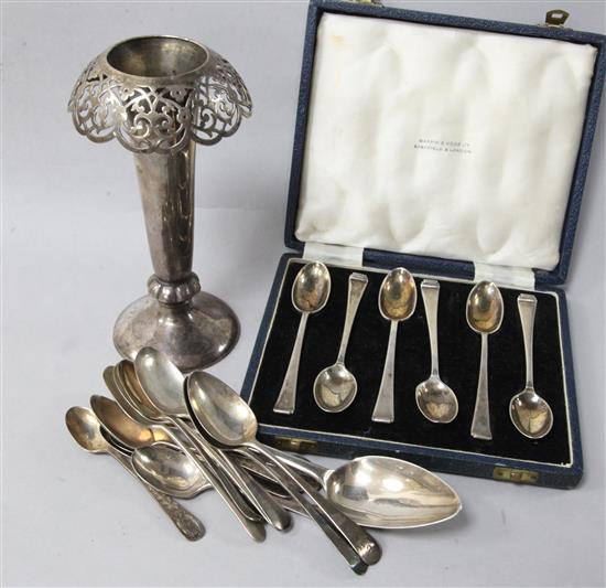 A pierced silver specimen vase (weighted), a set of 6 coffee spoons, cased and sundry silver flatware.